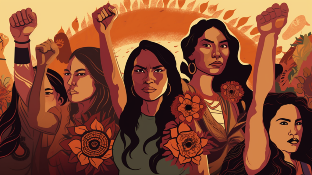 Chicana women with protests fists in the air